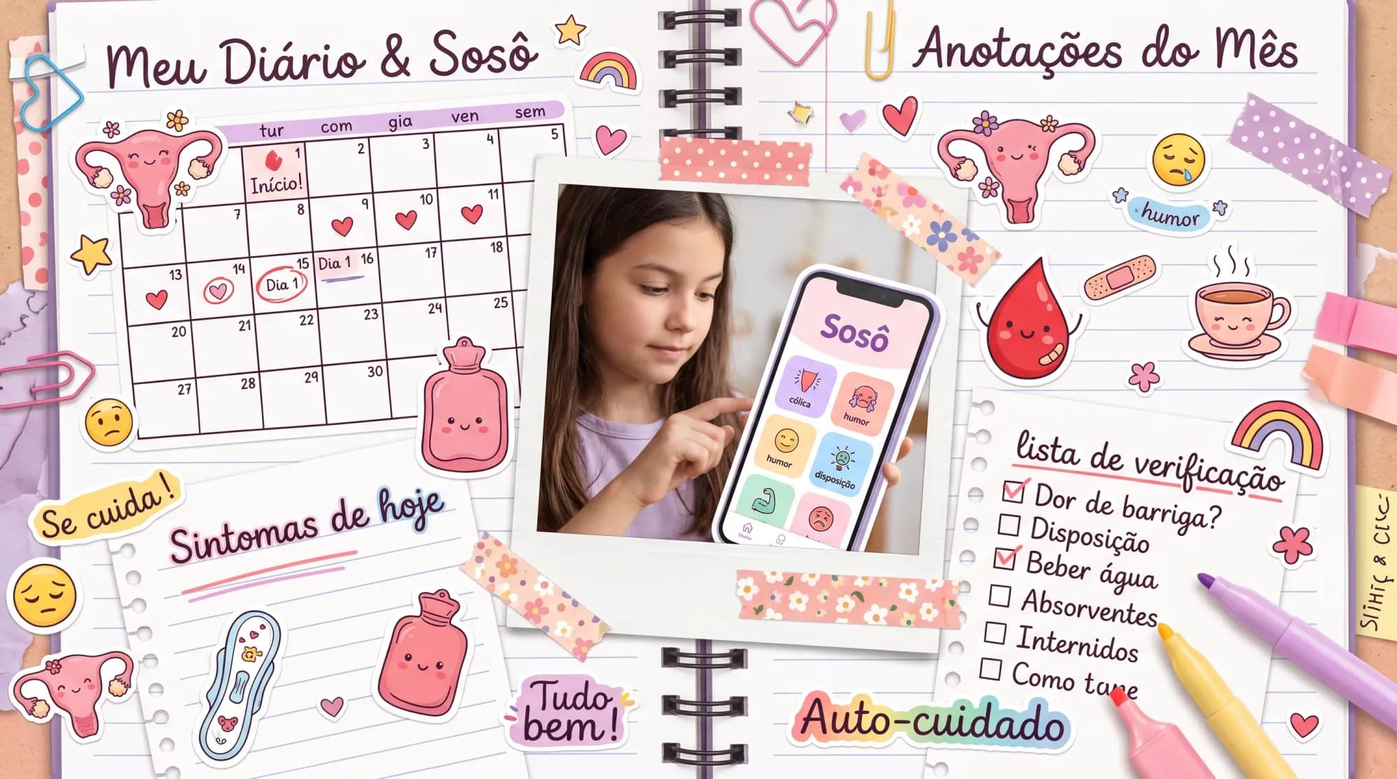 Menina pré-adolescente usando o celular para registrar sintomas no app Sosô