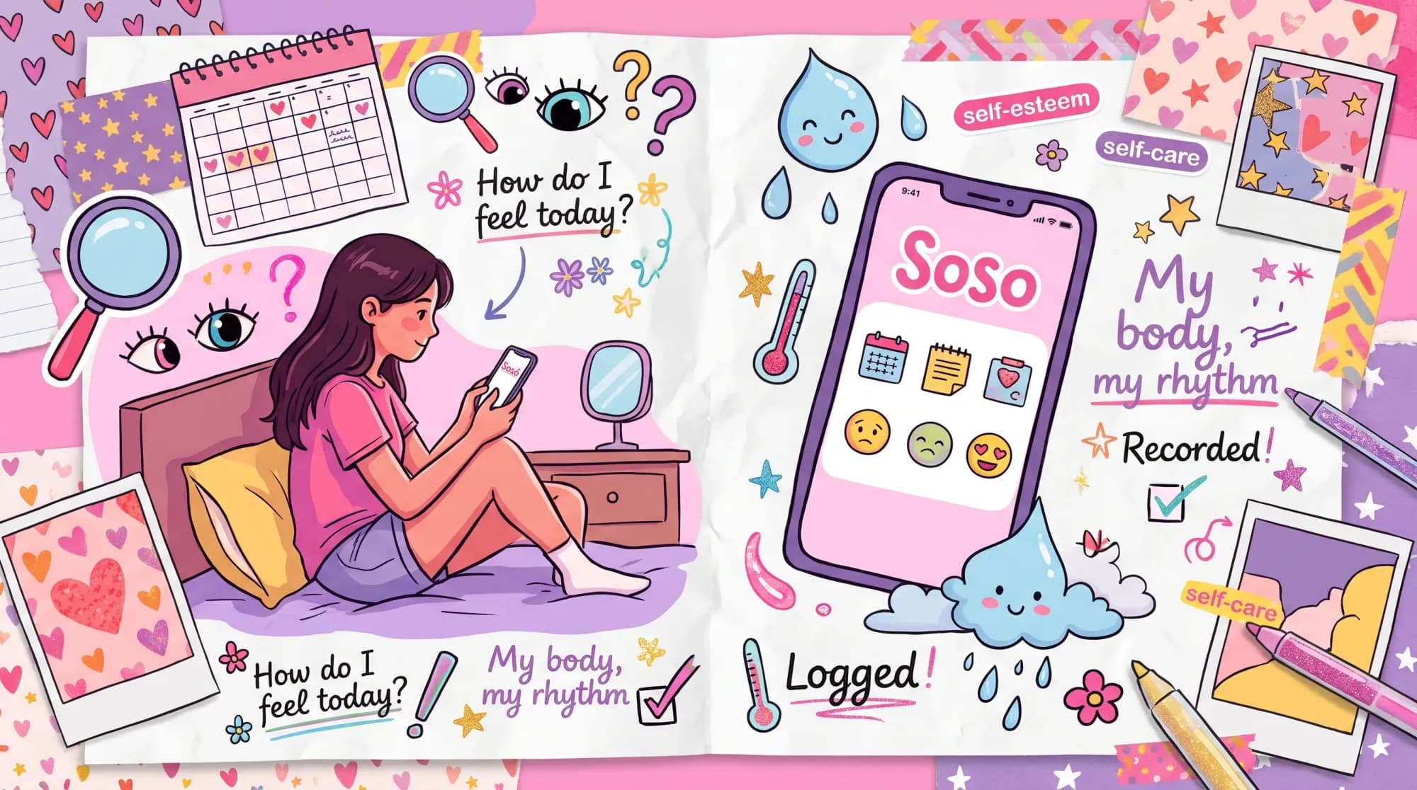  A scrapbook-style adolescent aesthetic showing a girl using her phone with the Soso app
