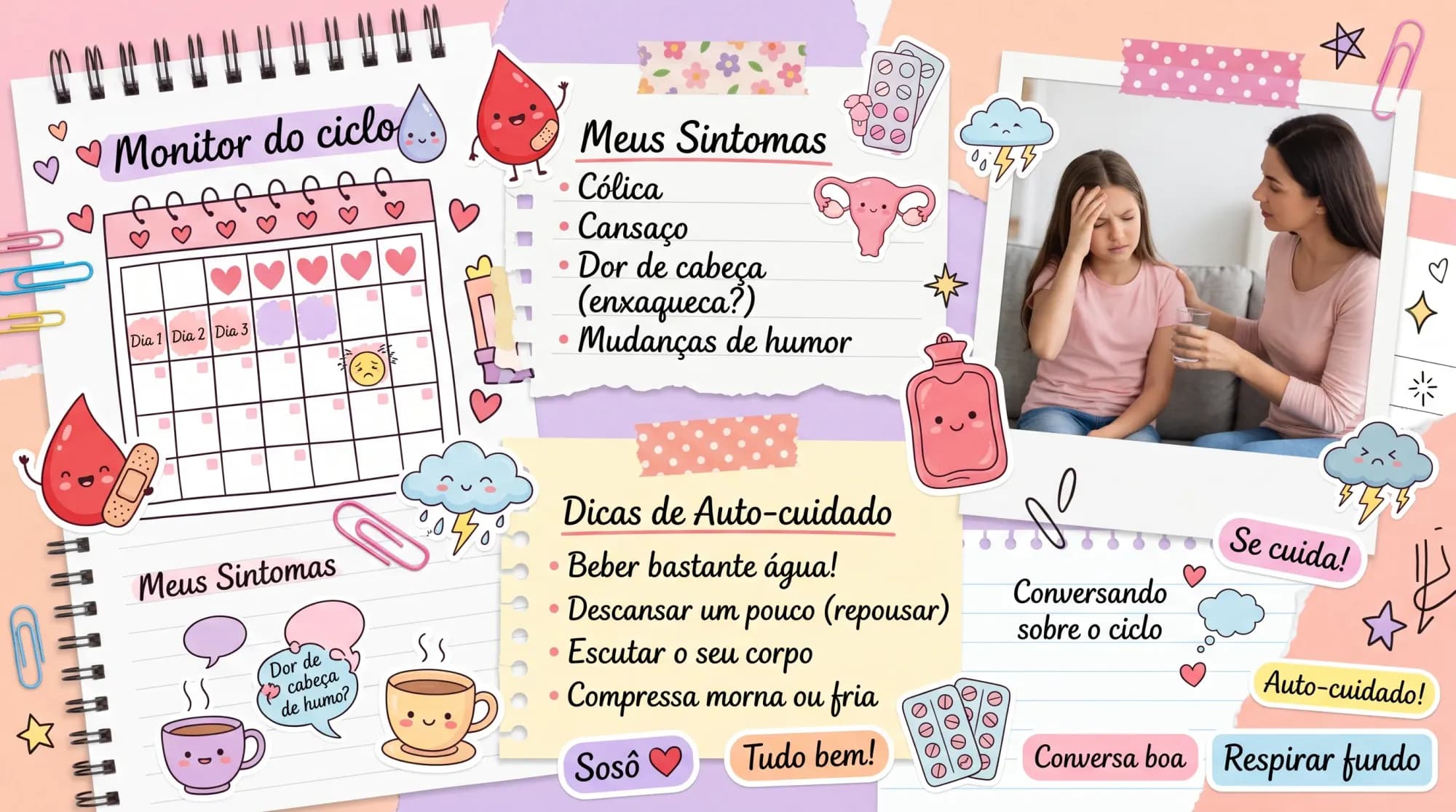 Página de scrapbook adolescente com caderno, clips, rabiscos, calendário e personagem da Sosô, representando a espera pela primeira menstruação enquanto as amigas já menstruaram.