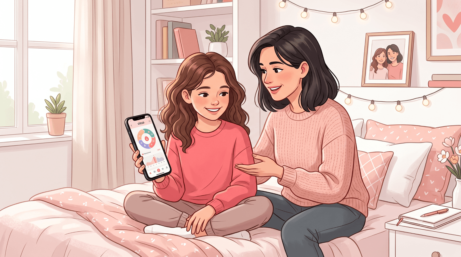 A mother and her young daughter sitting on a bed together, smiling while looking at a cycle-tracking app on a smartphone.