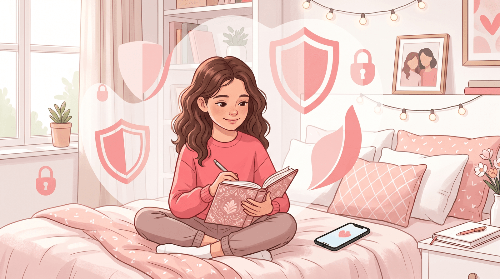 A young girl sitting cross-legged on a bed, writing in a diary, surrounded by floating icons of shields, padlocks, and leaves that symbolize privacy and protection.