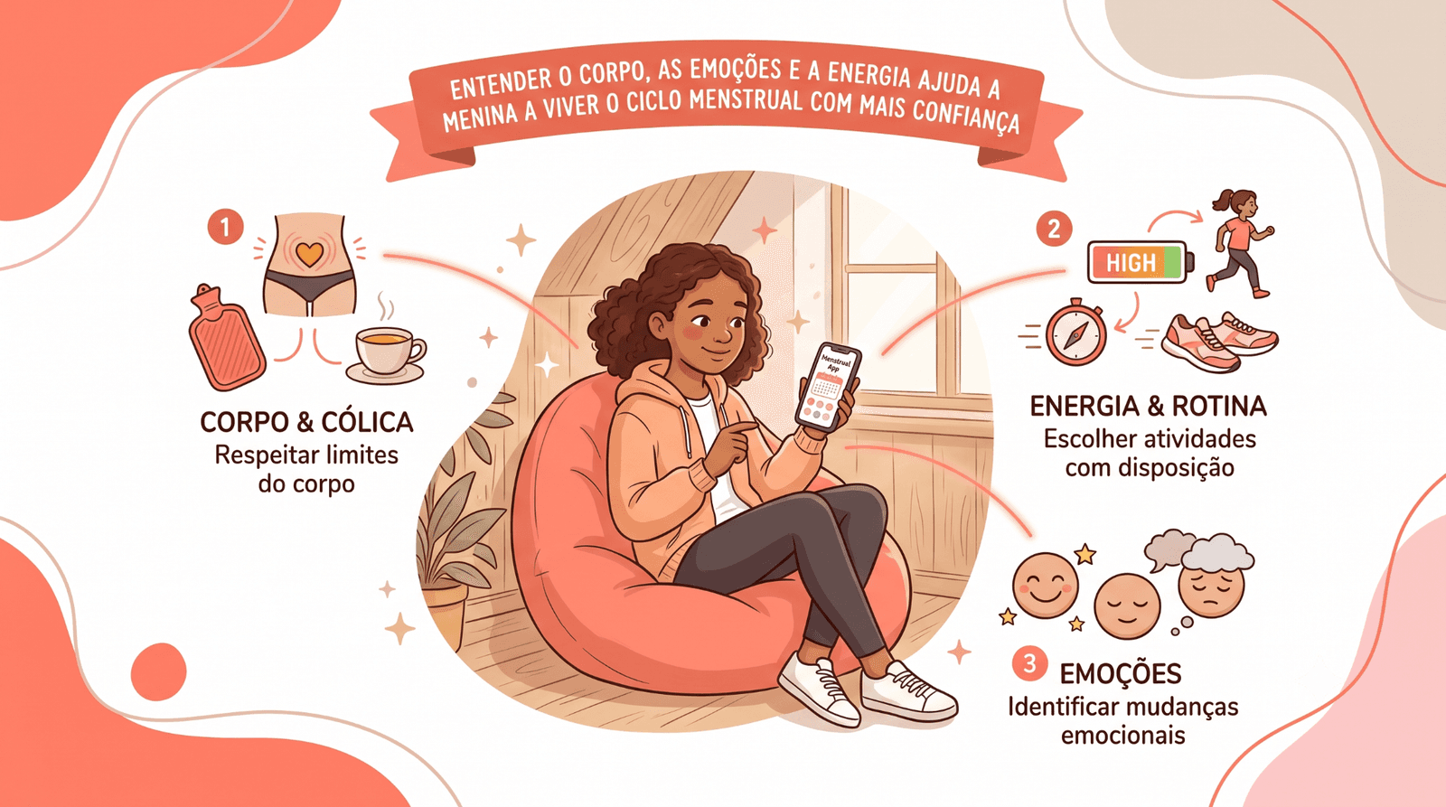 Menina pré-adolescente acompanhando o ciclo menstrual em um diário ou aplicativo