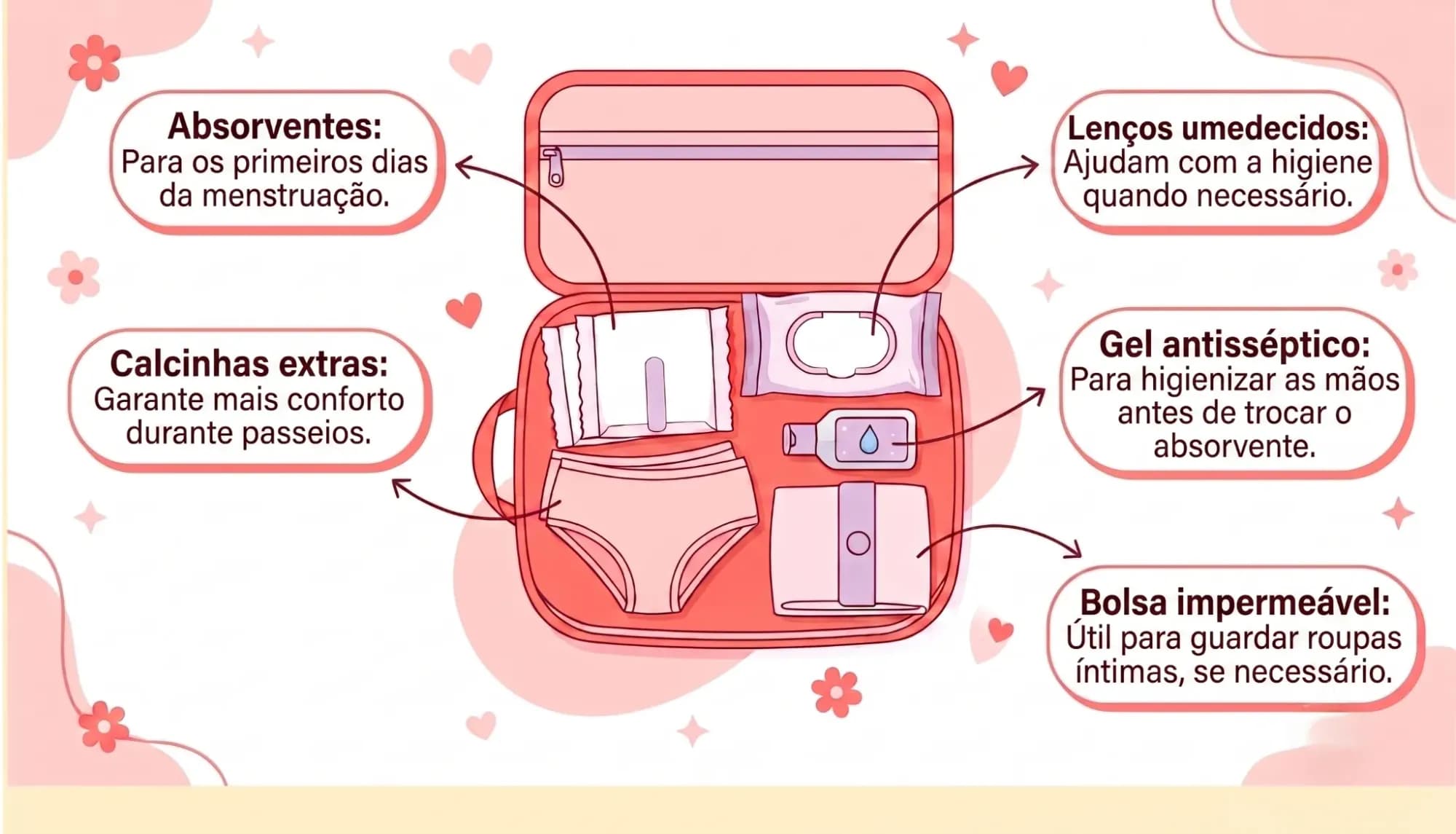 Ilustração de um Kit de Menstruação organizado dentro de uma nécessaire aberta, com absorventes, calcinhas extras, lenços umedecidos, álcool em gel e saquinho impermeável identificados por setas e legendas explicativas, em tons de rosa coral e branco, mostrando os itens essenciais para levar na viagem durante a primeira menstruação.