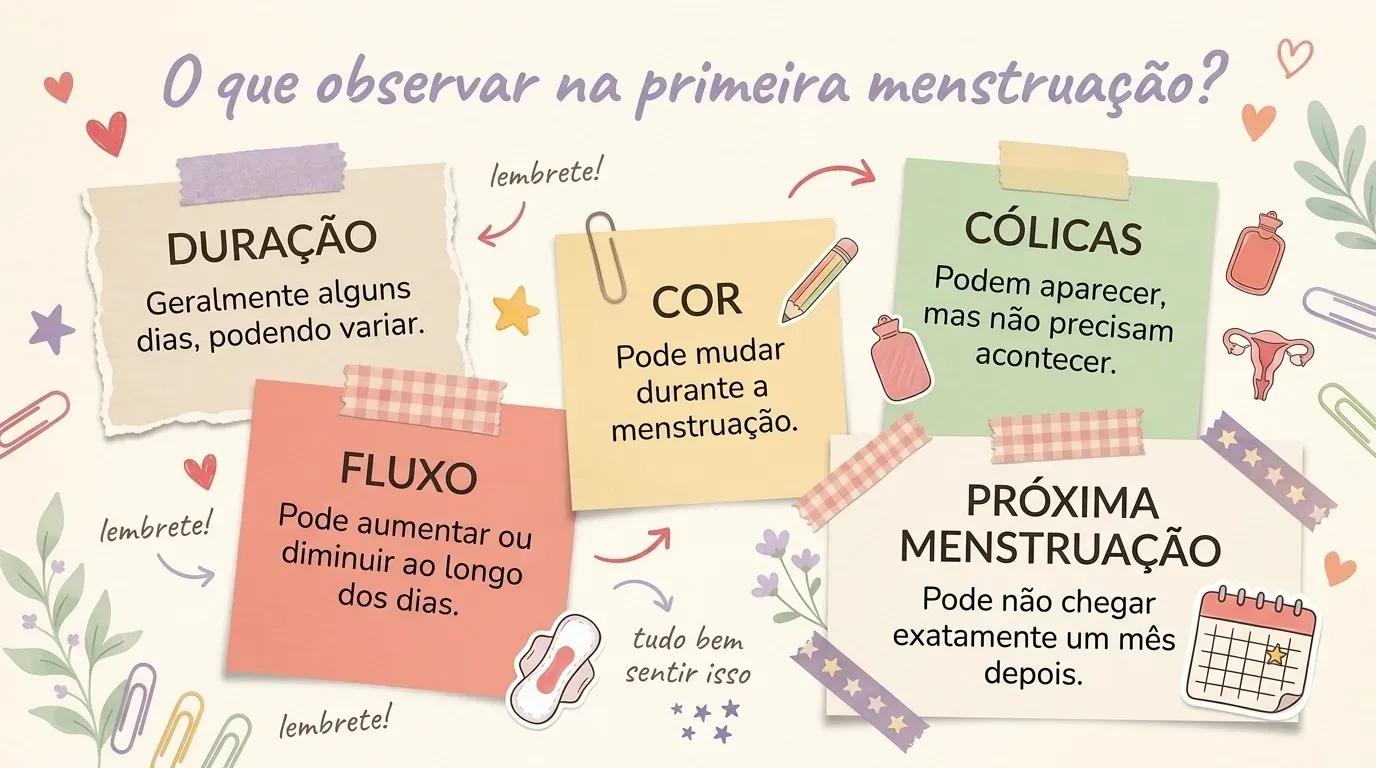 Infográfico em estilo scrapbook mostra o que observar na primeira menstruação, incluindo duração, fluxo, cor, cólicas e próxima menstruação.
