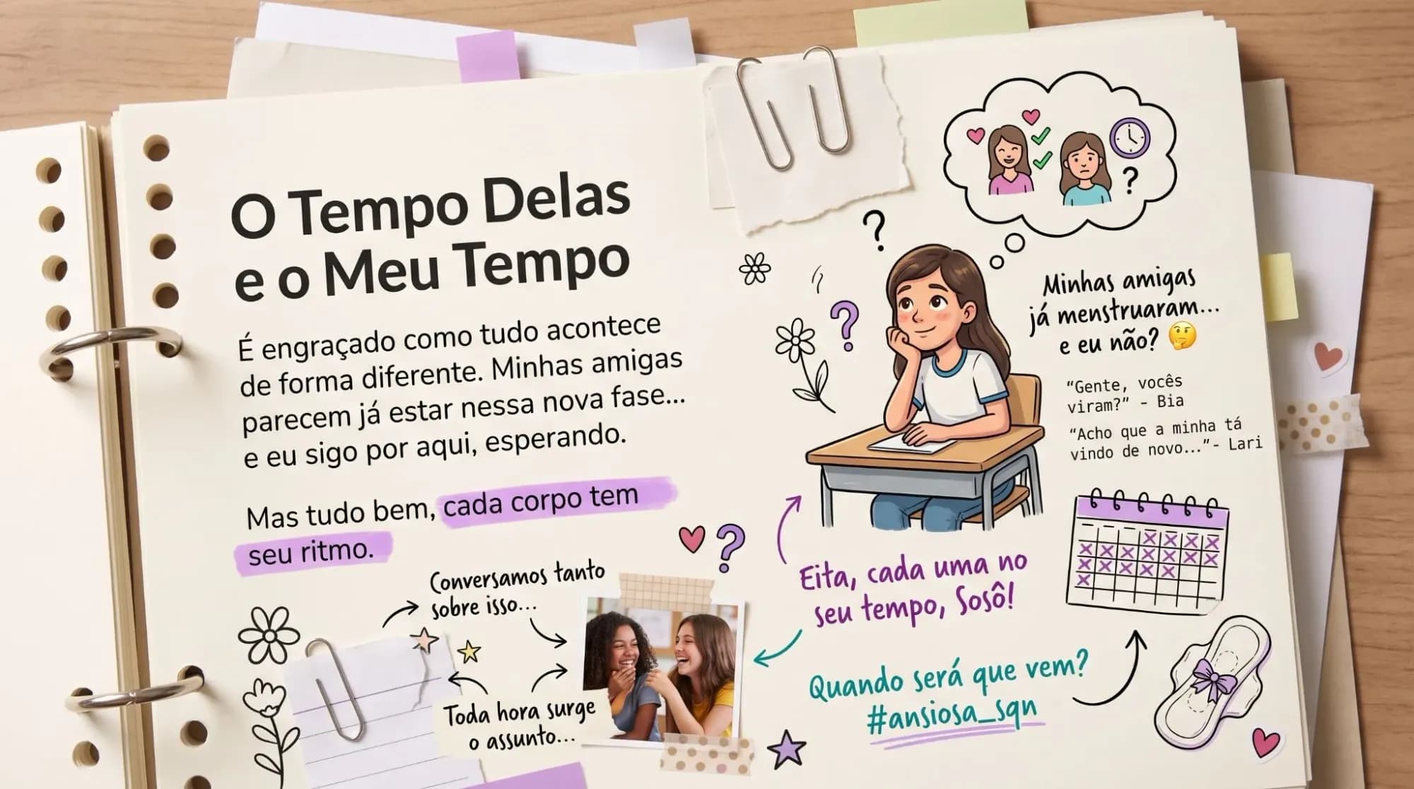Página de scrapbook adolescente com caderno, clips, rabiscos, calendário e personagem da Sosô, representando a espera pela primeira menstruação enquanto as amigas já menstruaram.