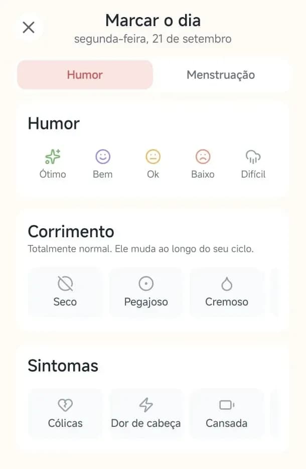 Captura de tela do aplicativo Soso na seção "Log Day" (Registrar Dia). A interface possui fundo claro e minimalista com três seções