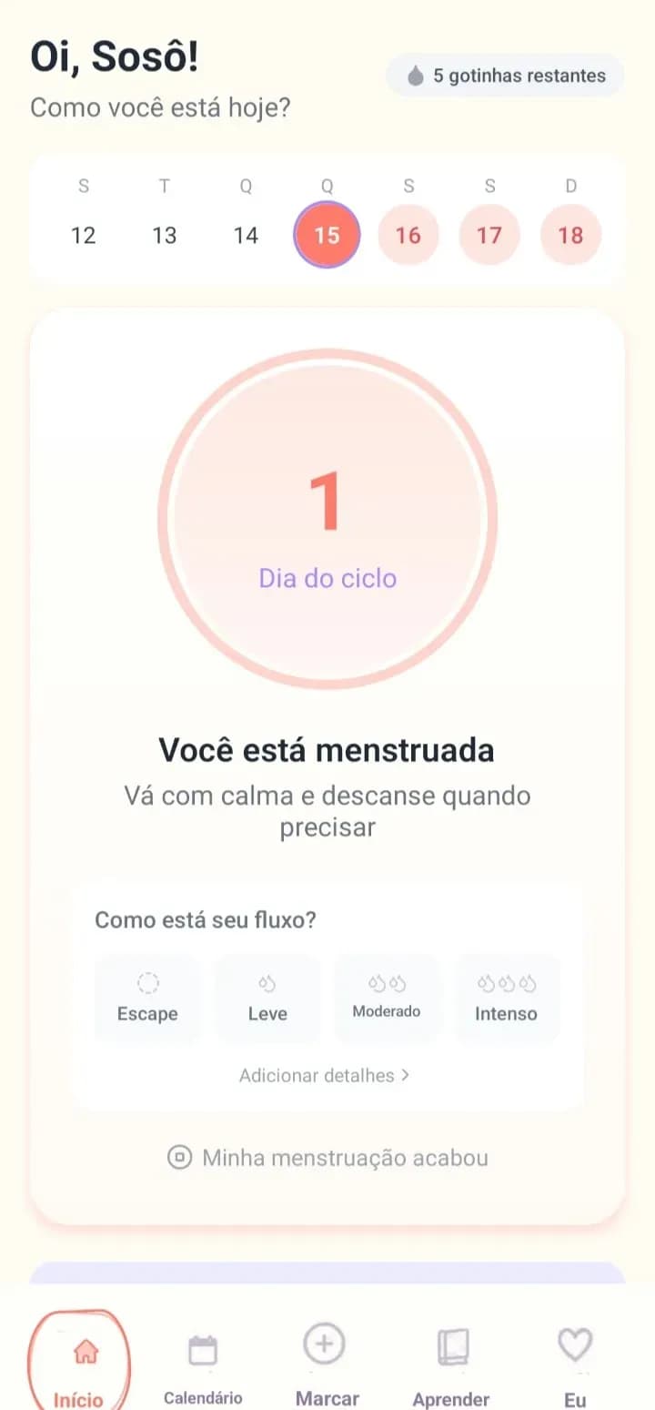 Tela inicial do app Sosô no Dia 1 do ciclo, com o botão “Adicionar detalhes” abaixo da pergunta sobre o fluxo.