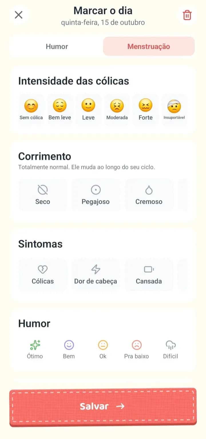 Tela “Marcar o dia” do Sosô, com a seção Corrimento entre Intensidade das cólicas e Sintomas.