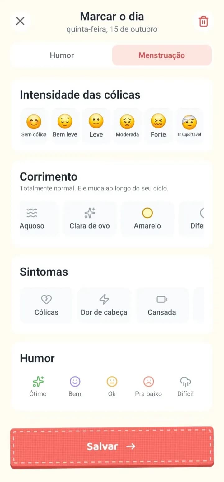 Seção Corrimento do App Sosô deslizada, mostrando as opções Aquoso, Clara de ovo e Amarelo.