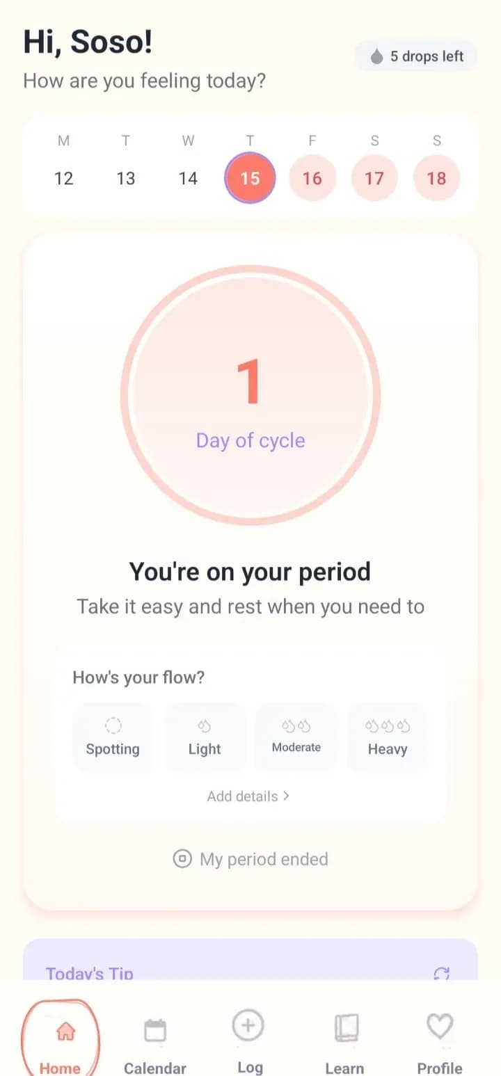 Soso app home screen on Day 1 of the cycle, with the “Add details” button below the flow question.