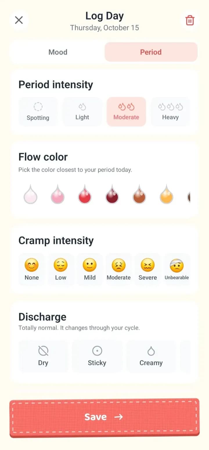 Soso “Log Day” screen, with the Discharge section between Cramp intensity and Symptoms.