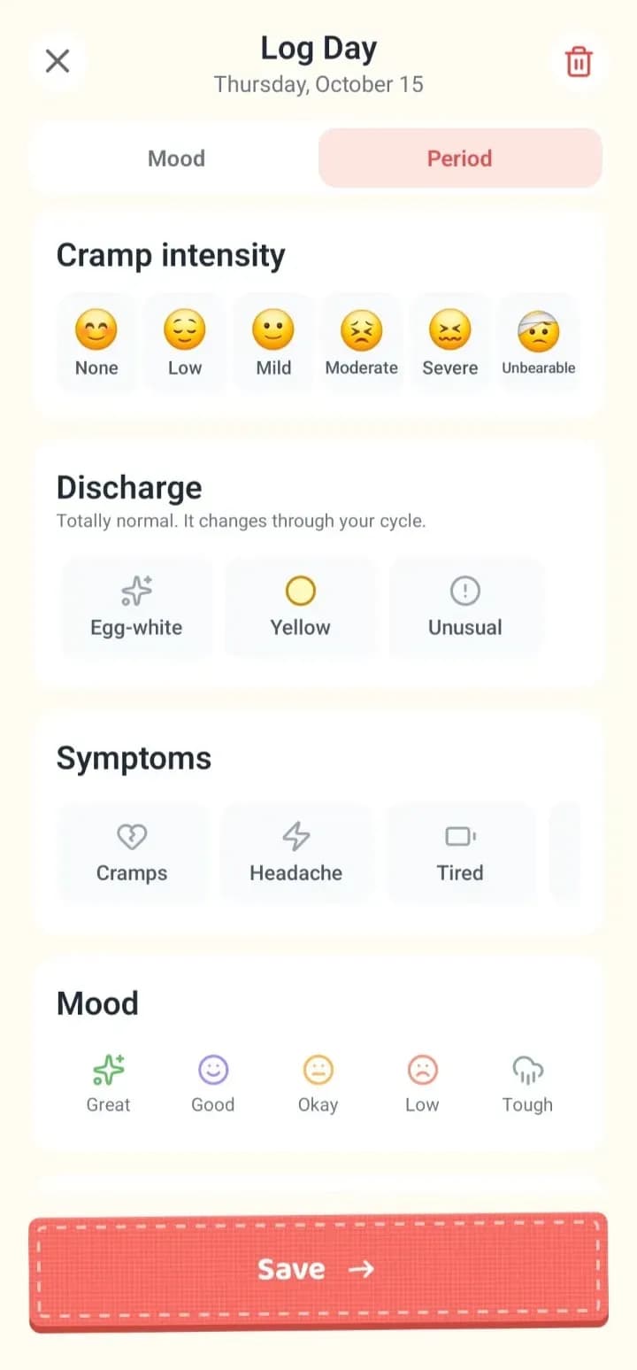 Soso Discharge section swiped, showing the Egg-white, Yellow and Unusual options.