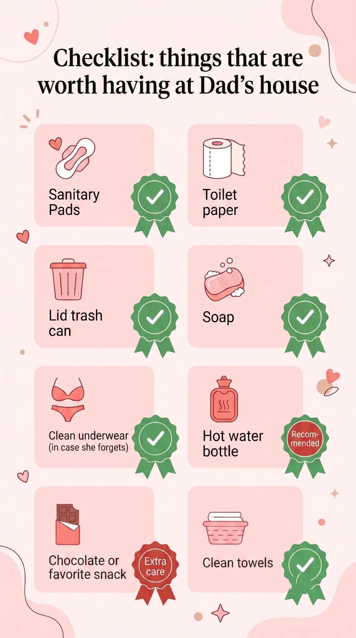 Infographic-style illustration with a white background and coral pink accents, featuring a checklist of essential items every dad can keep at home to support his daughter during her period. 