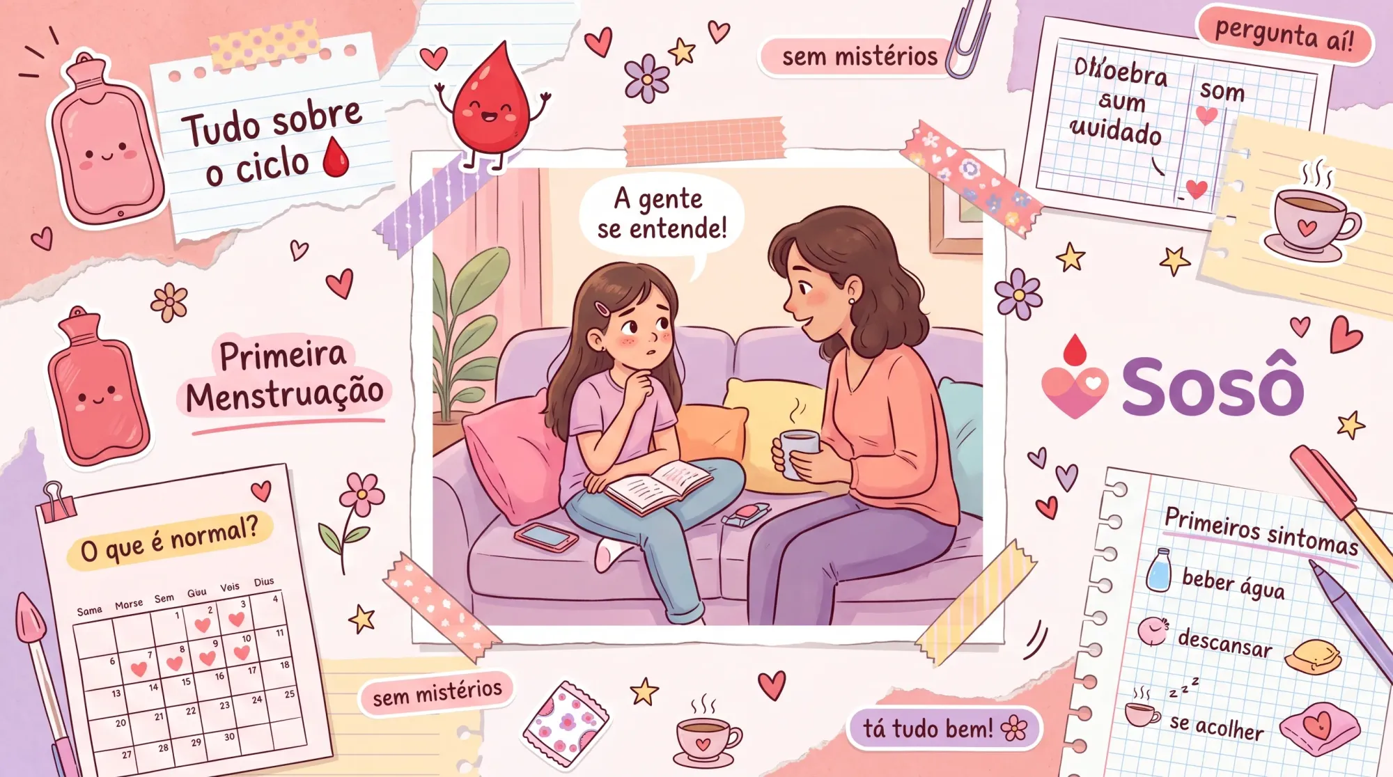 Menina pré-adolescente sentada em um ambiente acolhedor, conversando com um adulto de confiança sobre a primeira menstruação.