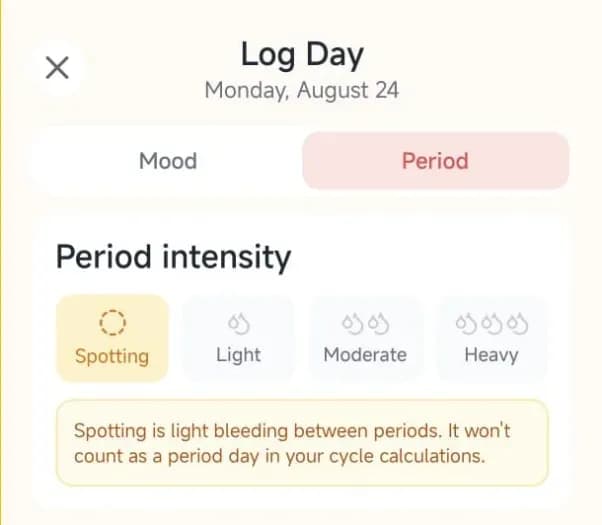 Soso app screen showing the option to track spotting separately from a period.
