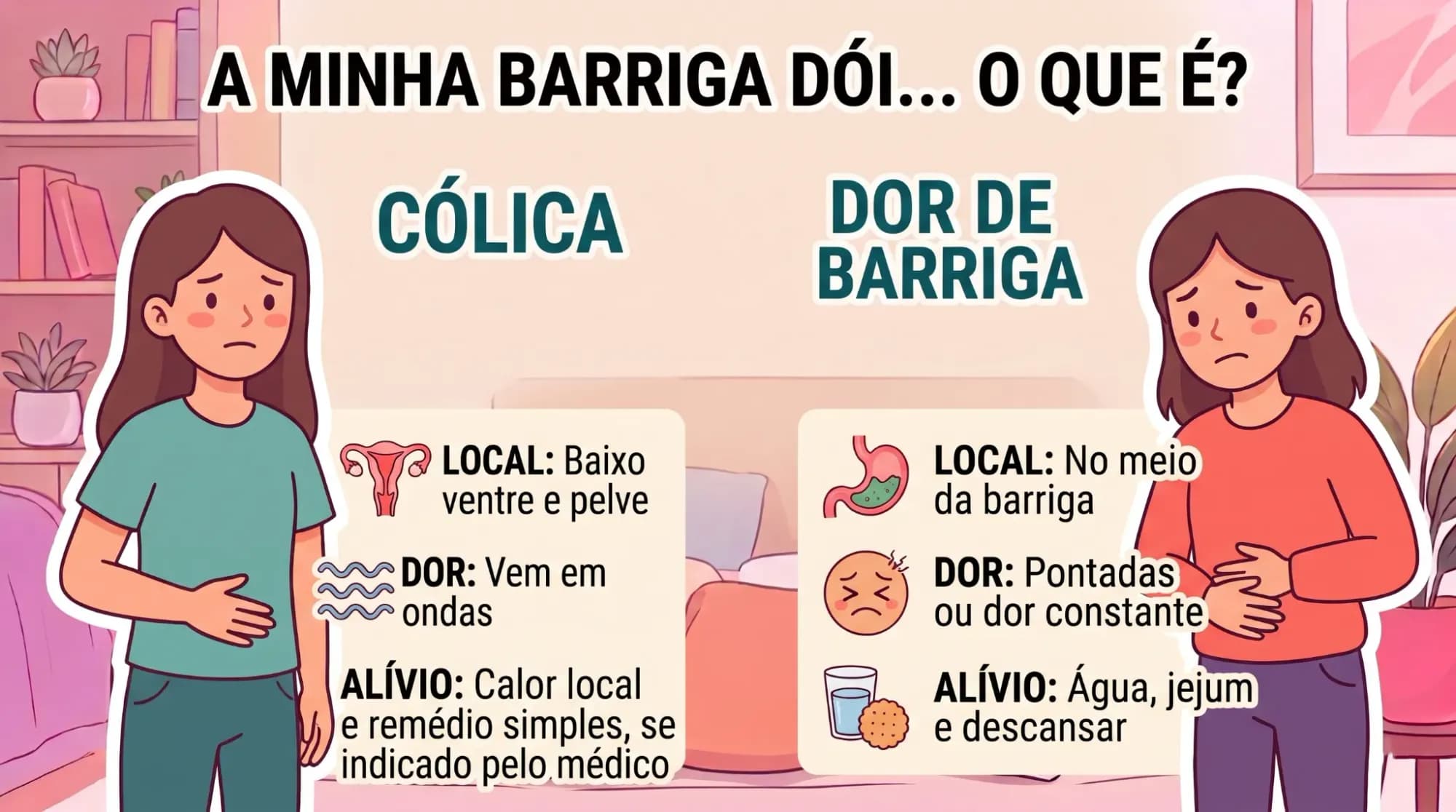 Duas imagens lado a lado comparam cólica menstrual e dor de estômago. A imagem da esquerda mostra uma pessoa com cólica, com ícones de um útero, ondas e calor.