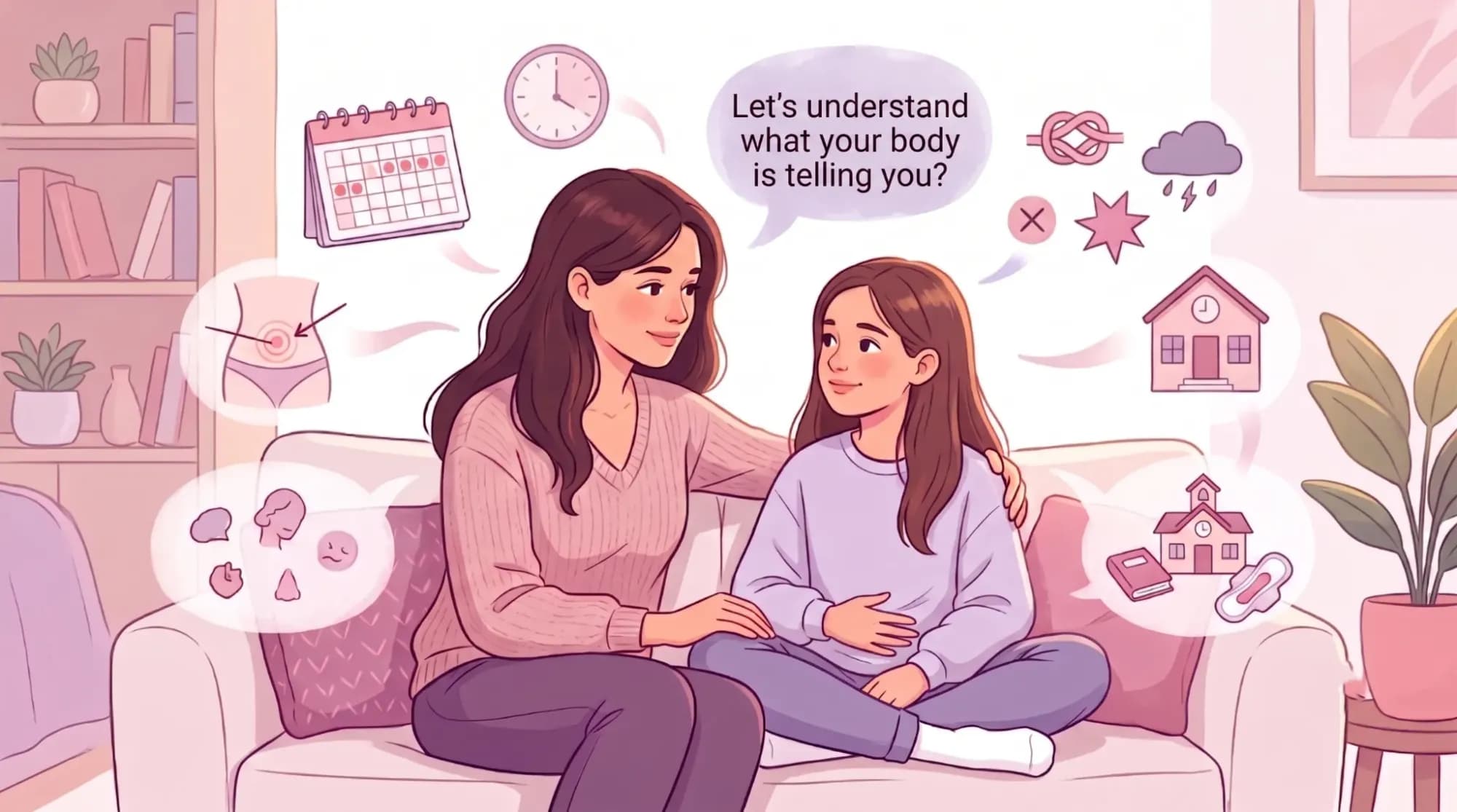Mother and daughter talking about menstrual cramps and stomach pain, sitting together in a warm and supportive setting with pink, purple, and white tones.