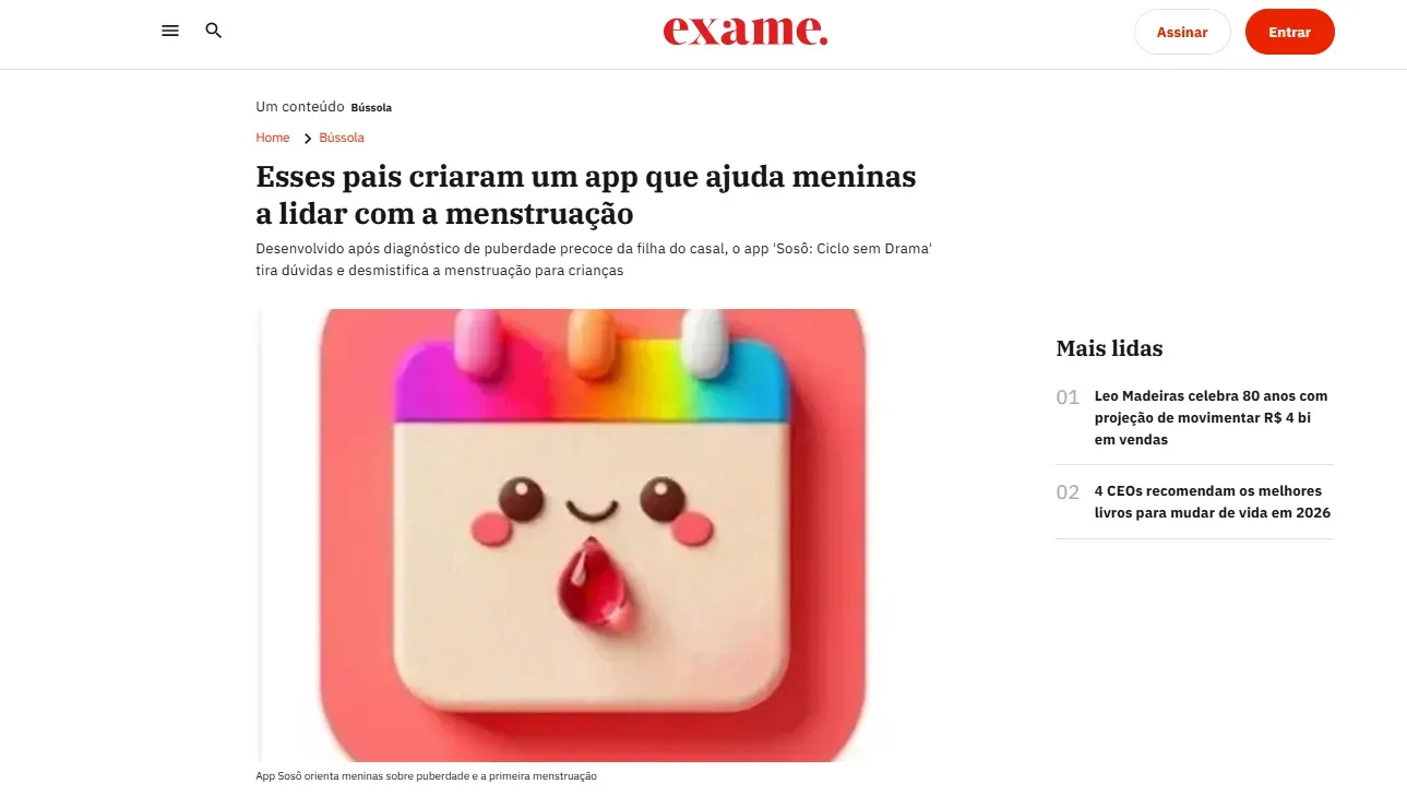 Captura de tela da matéria da Exame com o título "Esses pais criaram um app que ajuda meninas a lidar com a menstruação", destacando o aplicativo Sosô: Ciclo sem Drama.