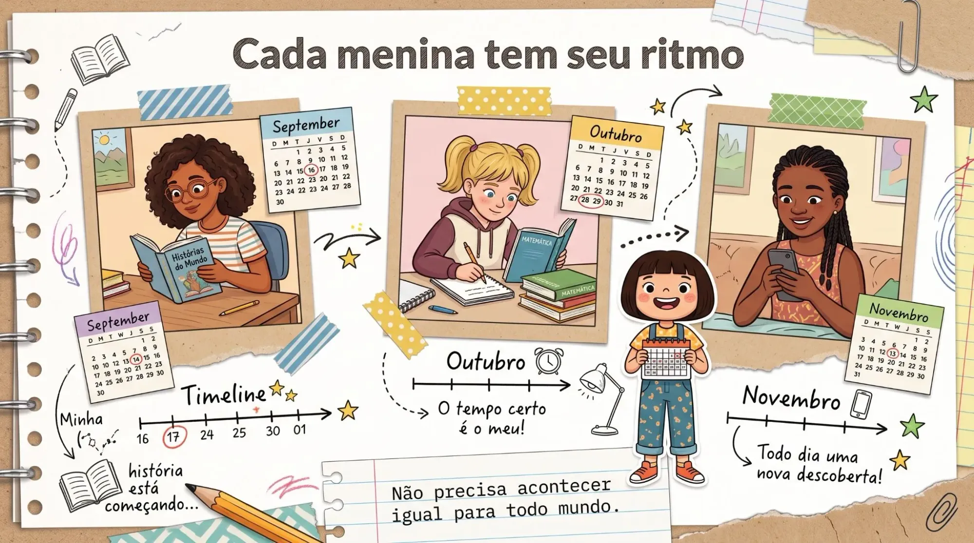 Três meninas aparecem em uma composição de scrapbook com calendários, mostrando que cada uma passa pela puberdade no seu próprio ritmo.