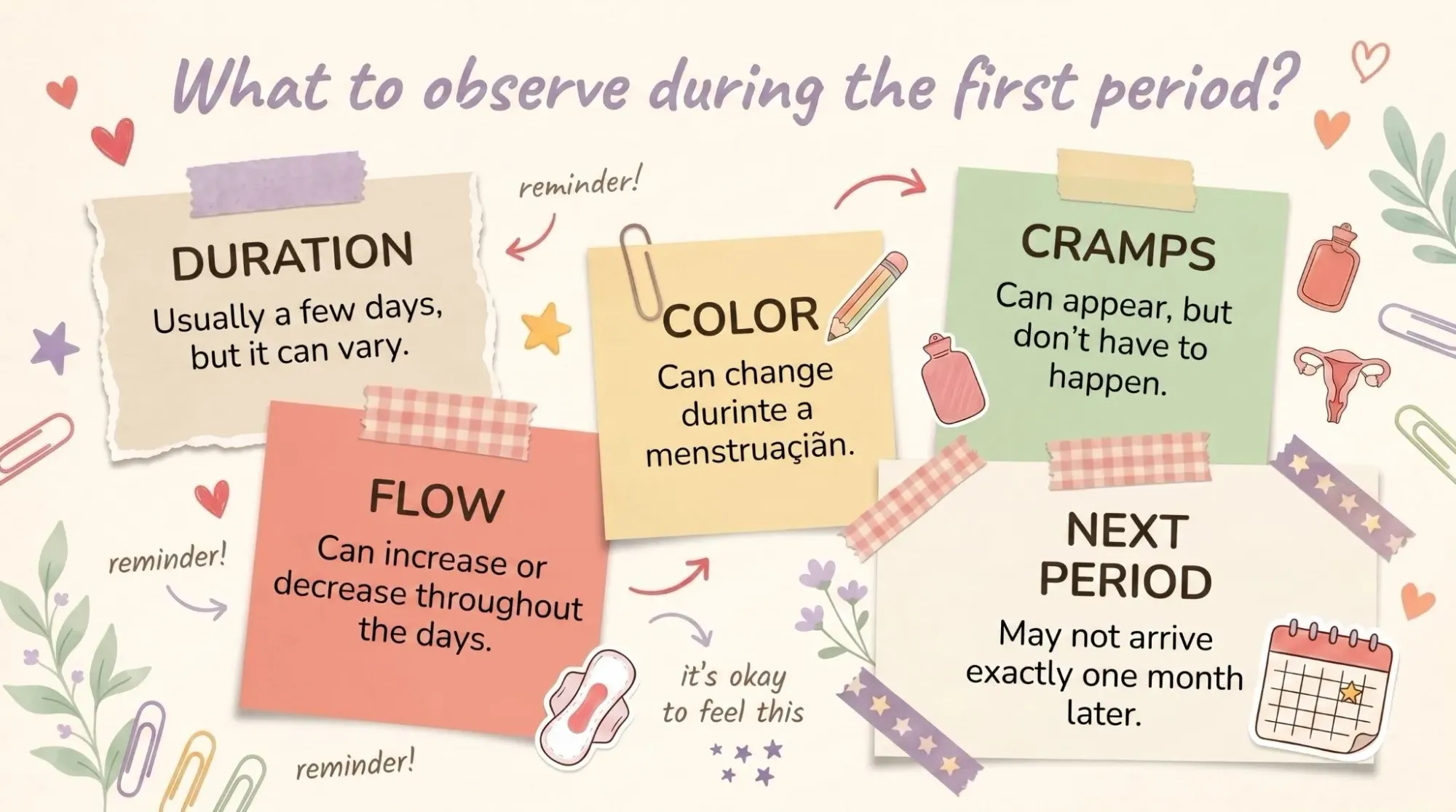 Scrapbook-style infographic showing what to observe during the first period, including duration, flow, color, cramps, and the next period.