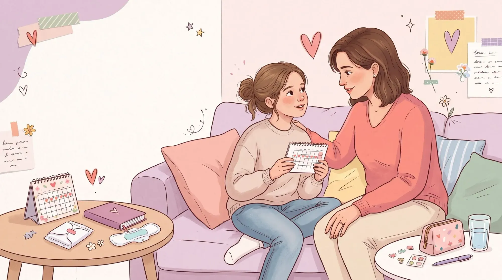 Illustration of a mother talking to her daughter about her first period in a warm, welcoming setting, with a calendar and menstrual products nearby.