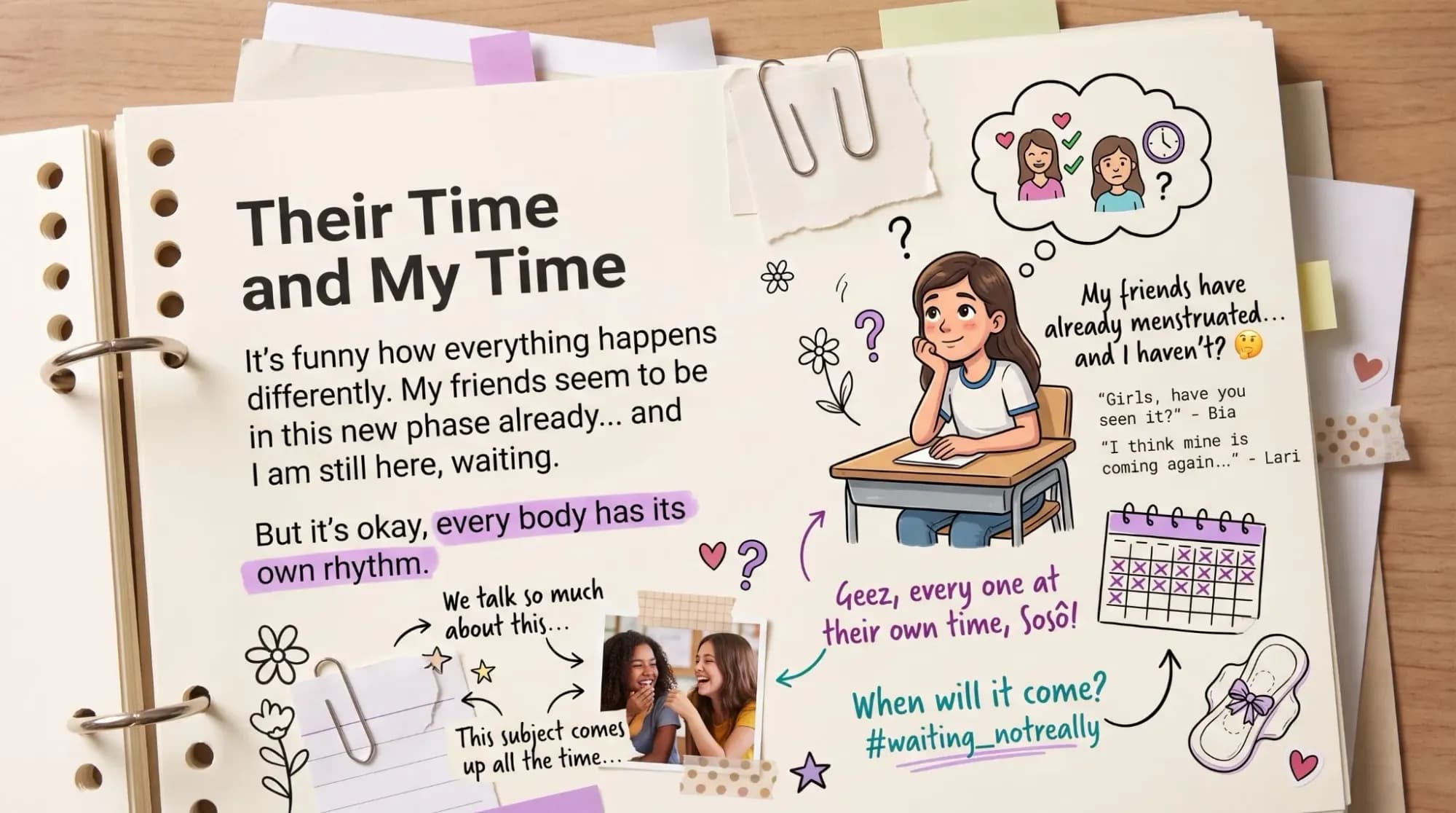 Adolescent scrapbook page with a notebook, paper clips, doodles, a calendar, and the Soso character, representing a girl waiting for her first period while her friends have already started menstruating.