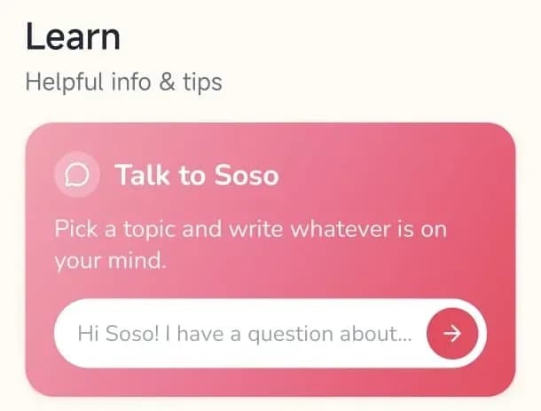 Screenshot of the Soso app showing the “Learn” section. A pink gradient card invites the user to “Chat with Soso” with the instruction