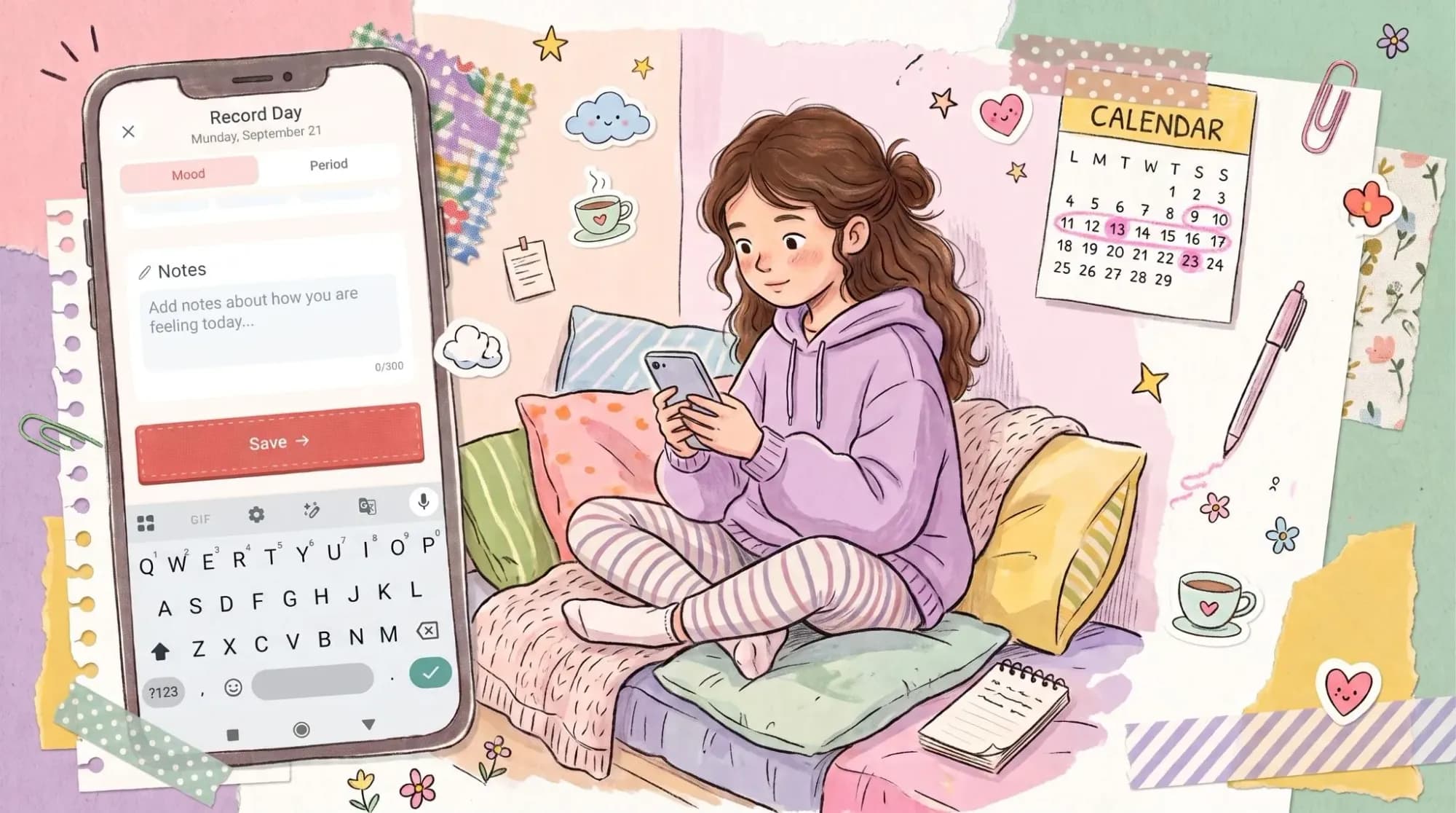 A cozy, cute-style illustration of a girl with wavy brown hair, wearing a purple hoodie and striped pants