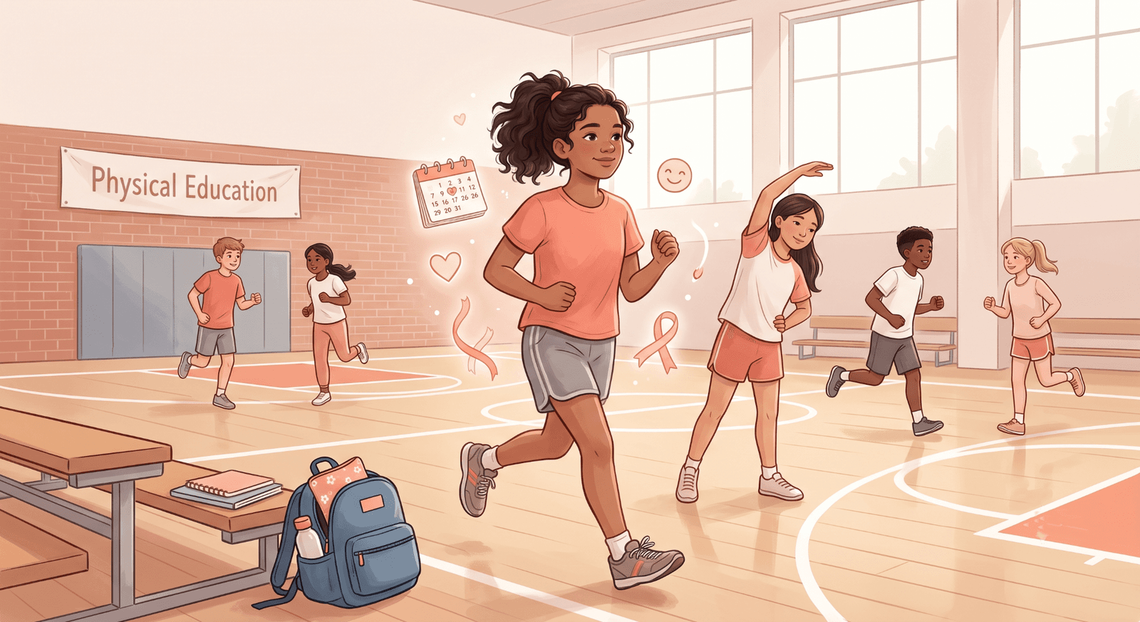 Preteen girl participating in a Physical Education class while on her period, confidently and comfortably taking part in sports activities at school