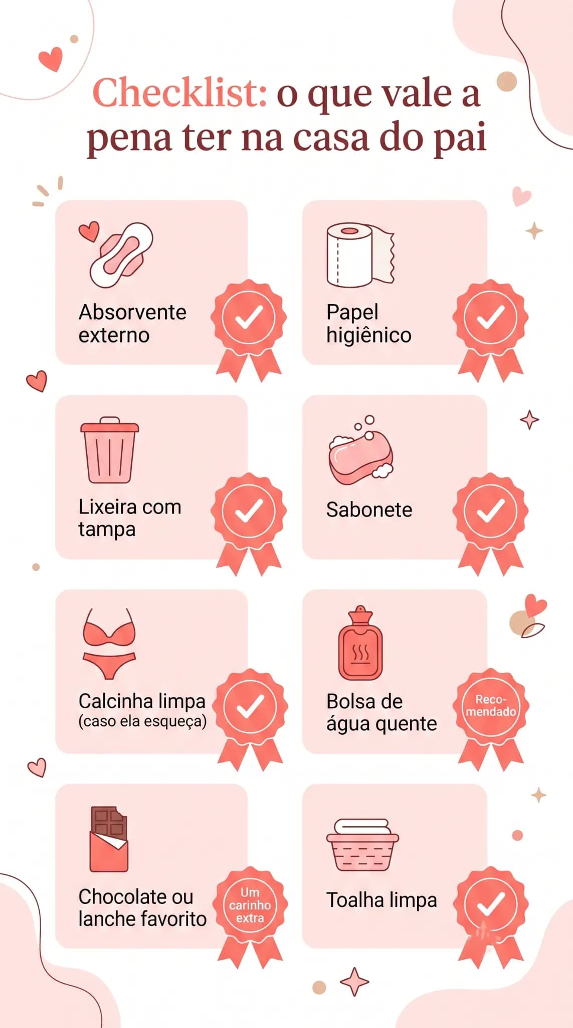 Ilustração em estilo infográfico com fundo branco e detalhes em rosa coral, apresentando um checklist dos itens que vale a pena ter na casa do pai para acolher a filha durante a menstruação. Cada item aparece acompanhado de um ícone ilustrado e um selo de confirmação: absorvente externo, papel higiênico, lixeira com tampa, sabonete, calcinha limpa, bolsa de água quente, chocolate ou lanche favorito e toalha limpa. O design transmite cuidado, organização e acolhimento.