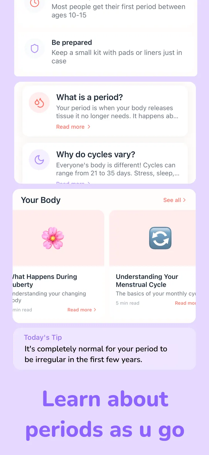Short lessons about periods and body changes, read at your own pace