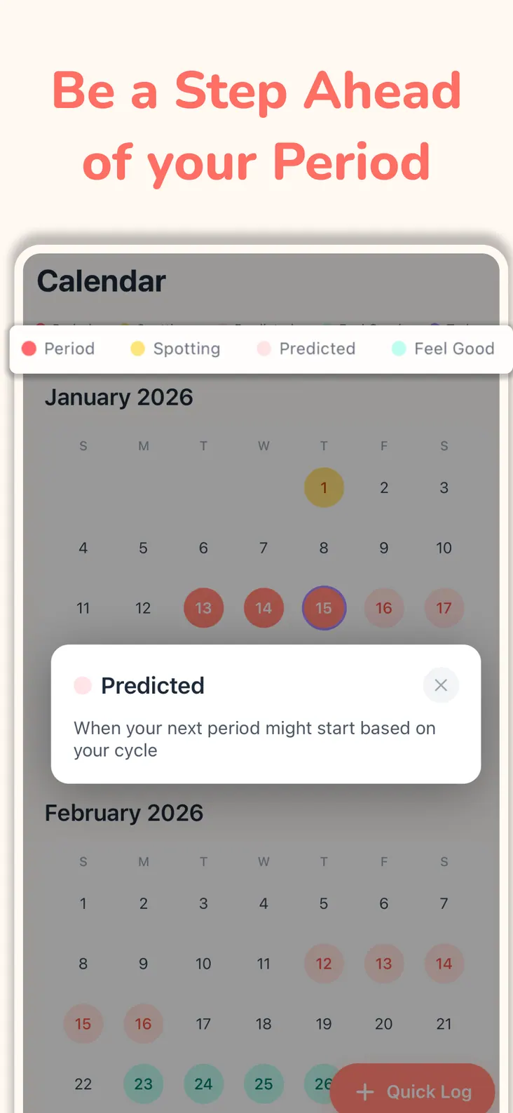 Calendar showing logged period days alongside predicted ones